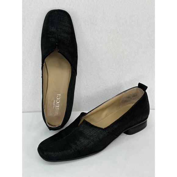 Sesto Meucci Italian Designer Black Shimmer Mini-Heel Slip On Loafers 7N - Picture 1 of 8